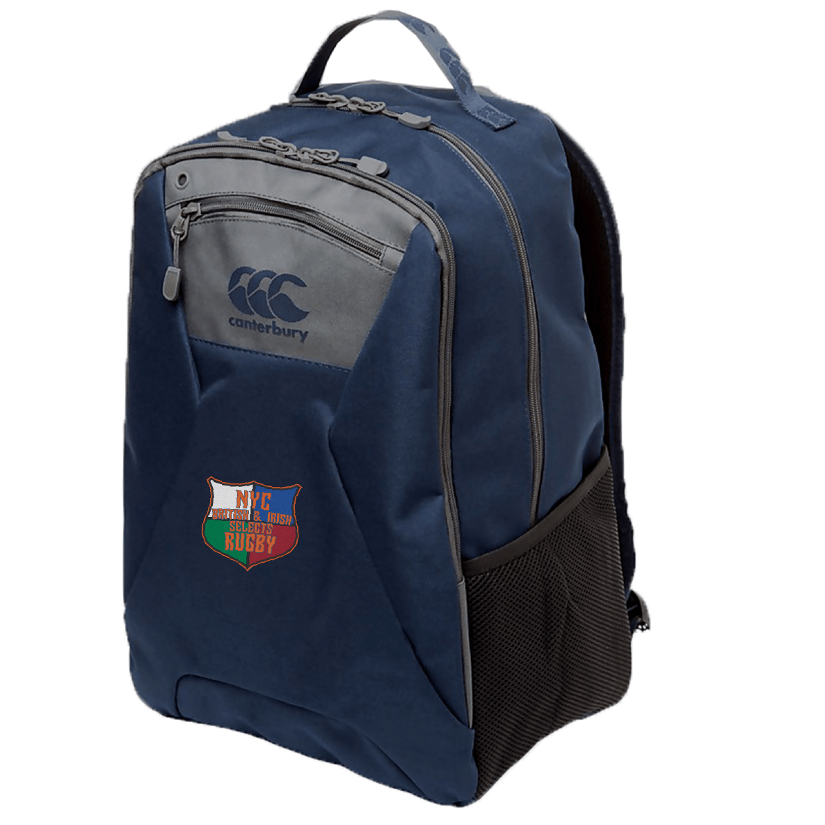 The NYC British and Irish Selects Medium Backpack by EMB Canterbury features a rugby logo, side mesh pocket, and ergonomic shoulder straps for comfort. Crafted from durable polyester Vaposhield in blue and gray, it's designed to withstand the elements.