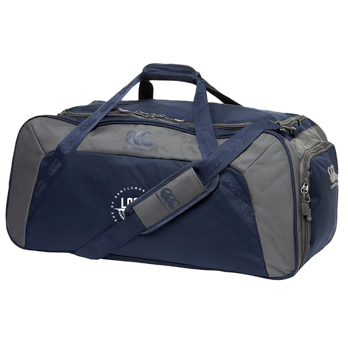 The League of Gentleman Adventurers Holdall Duffle Bag by EMB Canterbury features navy blue and gray colors, shoulder and hand straps, side compartments, a front logo, and water-repellent finish—perfect for rugby or the gym.