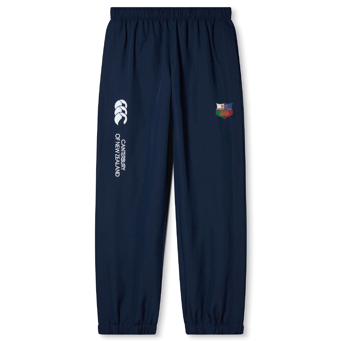 The NYC British and Irish Selects Cuffed Hem Stadium Pant by EMB Canterbury offers a dark blue design with an elastic waistband, cuffed hem, and logos on both sides—ideal for rugby fans.
