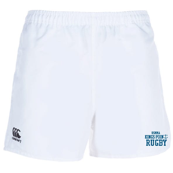 The King's Point Rugby Advantage Short 2.0 by EMB Canterbury merges timeless design with eco-friendly performance. These white rugby shorts proudly display the "Canterbury" logo on the left and "USMMA Kings Point Rugby" on the right, showcasing their dedication to using recycled materials for a more sustainable future.