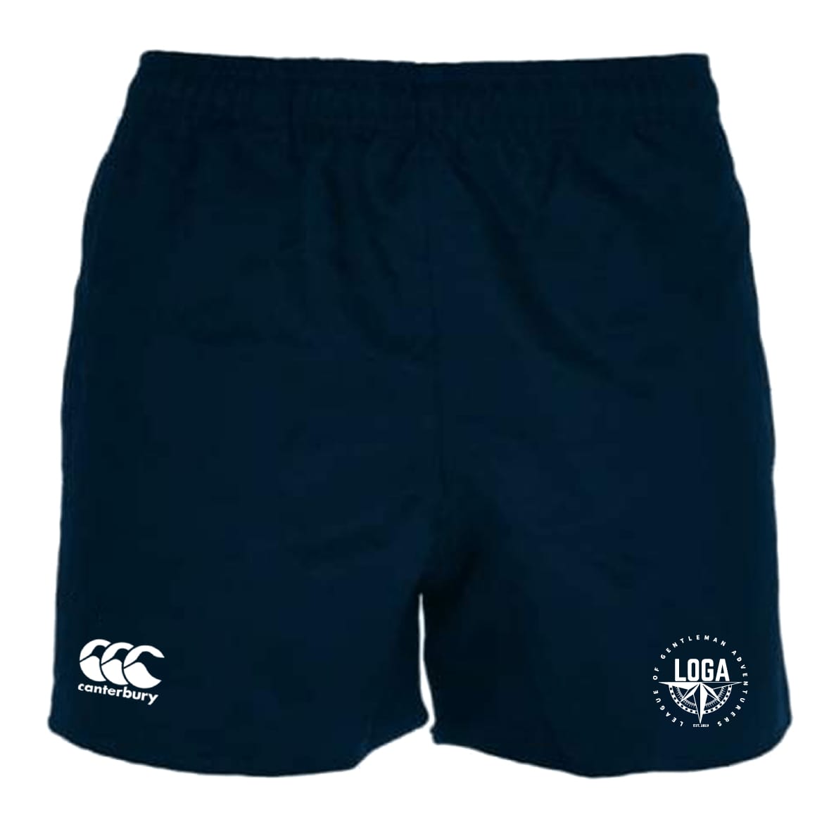 Navy blue League of Gentleman Adventurers Advantage Rugby Shorts by EMB Canterbury feature white Canterbury and LOGA logos, delivering classic style and moisture-wicking comfort for intense matches.