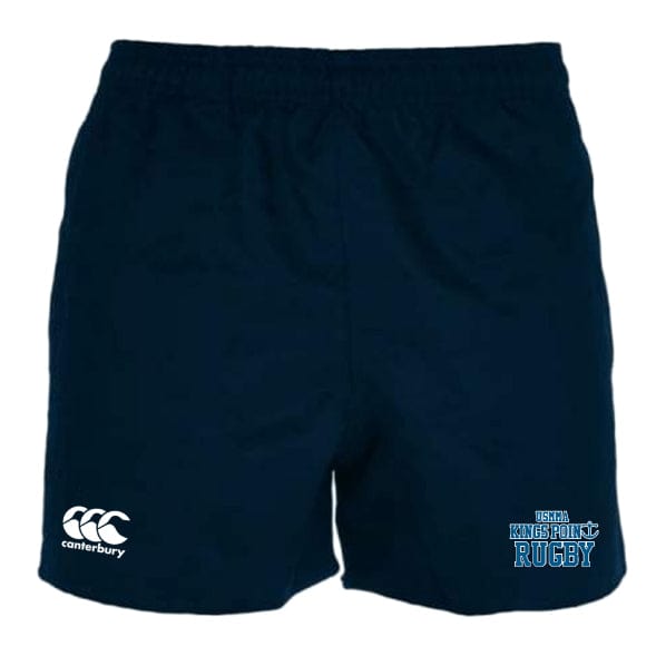 These stylish King's Point Rugby Professional Polyester Rugby Shorts by EMB Canterbury feature an elastic waistband, the iconic Canterbury logo on the left leg, and "King's Point Rugby" text on the right leg. For added functionality, they include convenient pockets.