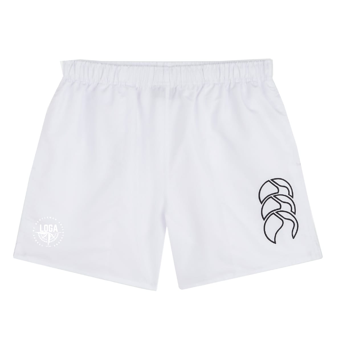 The EMB Canterbury League of Gentleman Adventurers Tactic Short features white athletic shorts with an elastic waistband, black abstract logo on the right leg, and a round "LOGA" watermark on the left—ideal for gym or rugby.