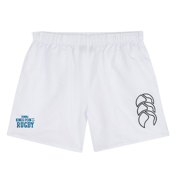 Explore the King's Point Rugby Tactic Short by EMB Canterbury, showcasing an abstract black symbol on the right and the striking "USMMA Kings Point Rugby" logo in blue on the left. These essential men's sportswear items seamlessly blend style and performance for every rugby enthusiast.