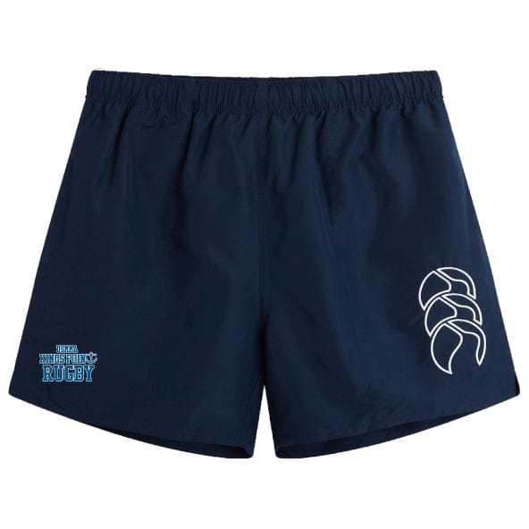The King's Point Rugby Tactic Short by EMB Canterbury, in navy blue, showcases a white logo on the right leg and white text on the left leg. These men's sportswear essentials are perfect for any rugby enthusiast.