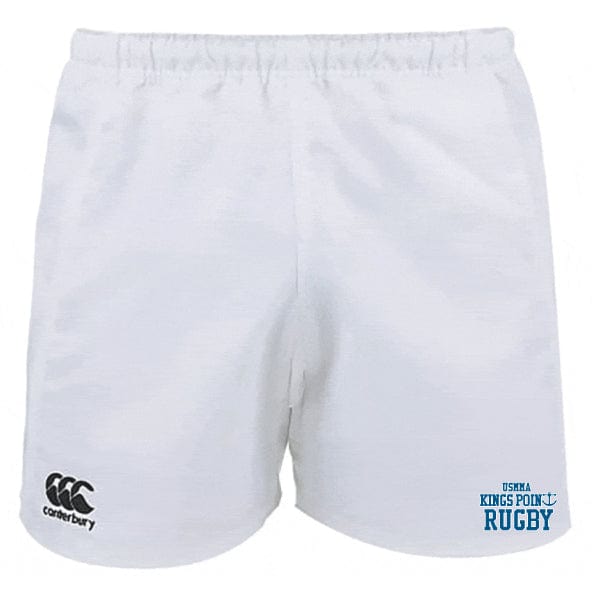 The King's Point Rugby Advantage Rugby Shorts by EMB Canterbury are available in classic white, featuring the Canterbury logo on the left leg and "USMMA Kings Point Rugby" text on the right leg. Engineered for performance, these shorts incorporate moisture management technology to keep you cool and dry during intense matches.