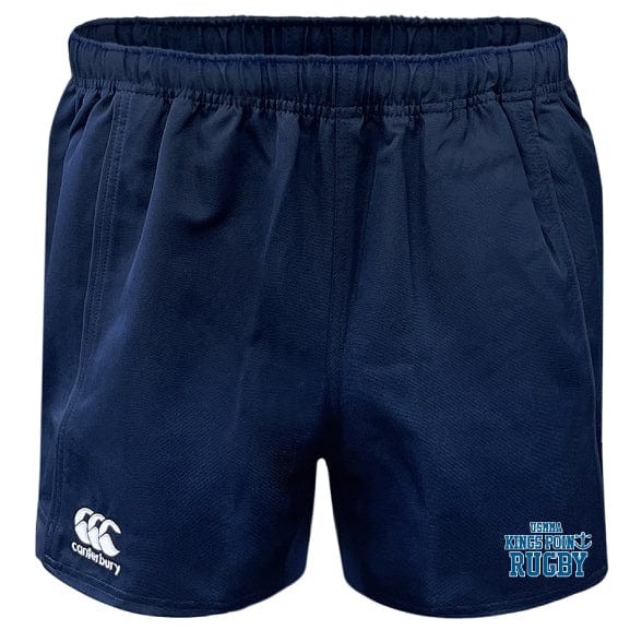 King's Point Rugby Advantage Rugby Shorts by EMB Canterbury in navy blue offer an elastic waistband, non-slip grips, and two embroidered logos: one featuring Canterbury in white and the other showcasing Wisconsin Rugby in blue. These shorts are designed with moisture management technology to keep you comfortable on the field.