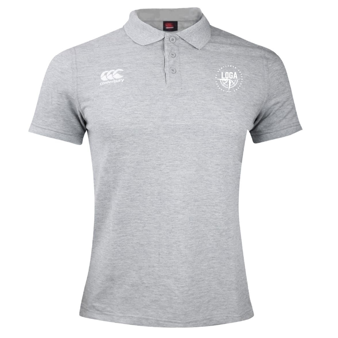 The League of Gentleman Adventurers Waimak Polo by EMB Canterbury is a light grey men’s short-sleeve rugby shirt featuring a collar, three buttons, and two white chest logos, inspired by the classic Canterbury Waimak Rugby Polo design.