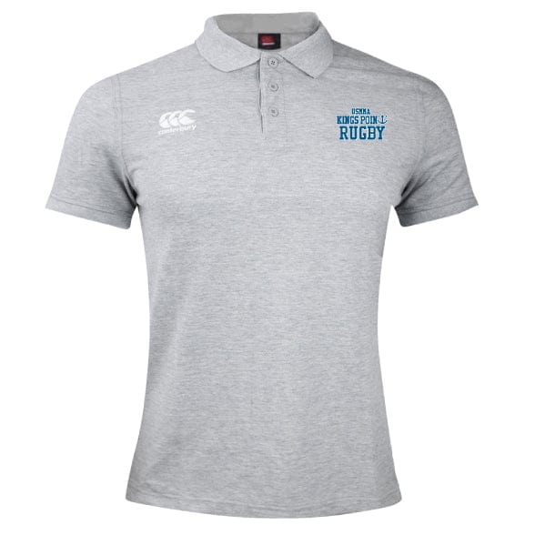 Introducing the King's Point Rugby Waimak Polo by Canterbury from EMB Canterbury. This polo features short sleeves, a collar, and two distinct logos— "Kings Point Rugby" in blue and a Canterbury Logo emblem on the opposite side. Made from a comfortable cotton polyester blend for ultimate ease and style.