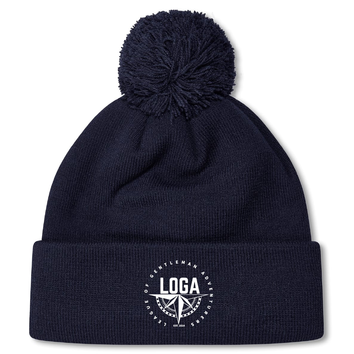 Stay warm on chilly days with the League of Gentleman Adventurers Pom Pom Beanie by EMB Canterbury—a navy blue, fleece-lined rugby hat with a folded brim, white "LOGA" logo, and pom-pom on top.