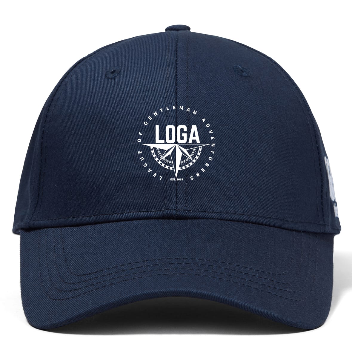 Navy blue League of Gentleman Adventurers Flexfit Drill Cap by EMB Canterbury, featuring a circular "LOGA" logo and compass design on the front panel.