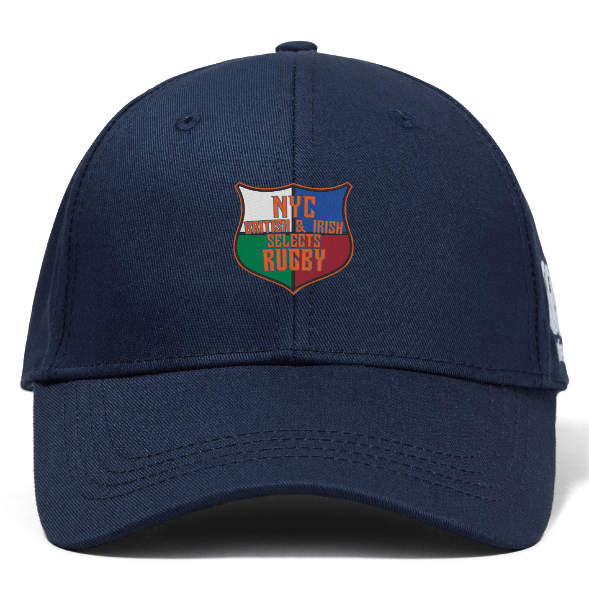 The NYC British and Irish Selects Flexfit Drill Cap by EMB Canterbury is navy blue with an embroidered crest saying "NYC British & Irish Selection Rugby" in white, red, orange, and green.