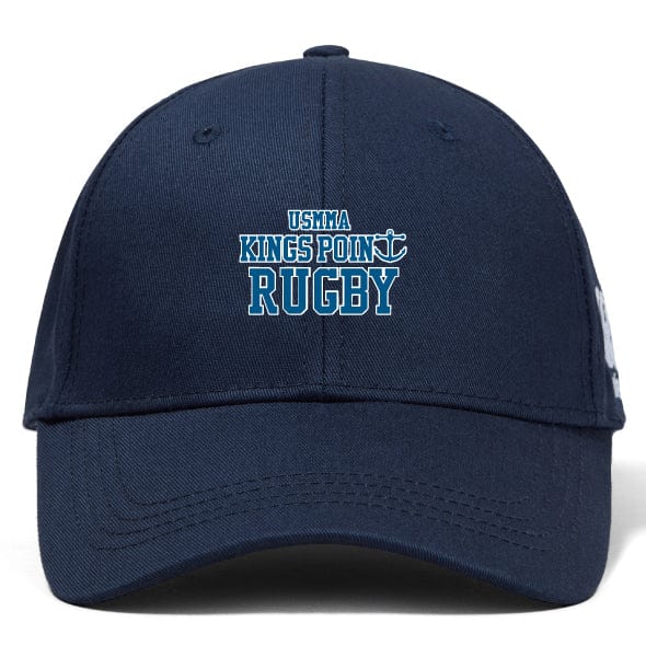 Navy blue King's Point Rugby Flexfit Drill Cap by Canterbury featuring a curved brim with "USMMA Kings Point Rugby" beautifully embroidered in white and blue on the front, from EMB Canterbury.