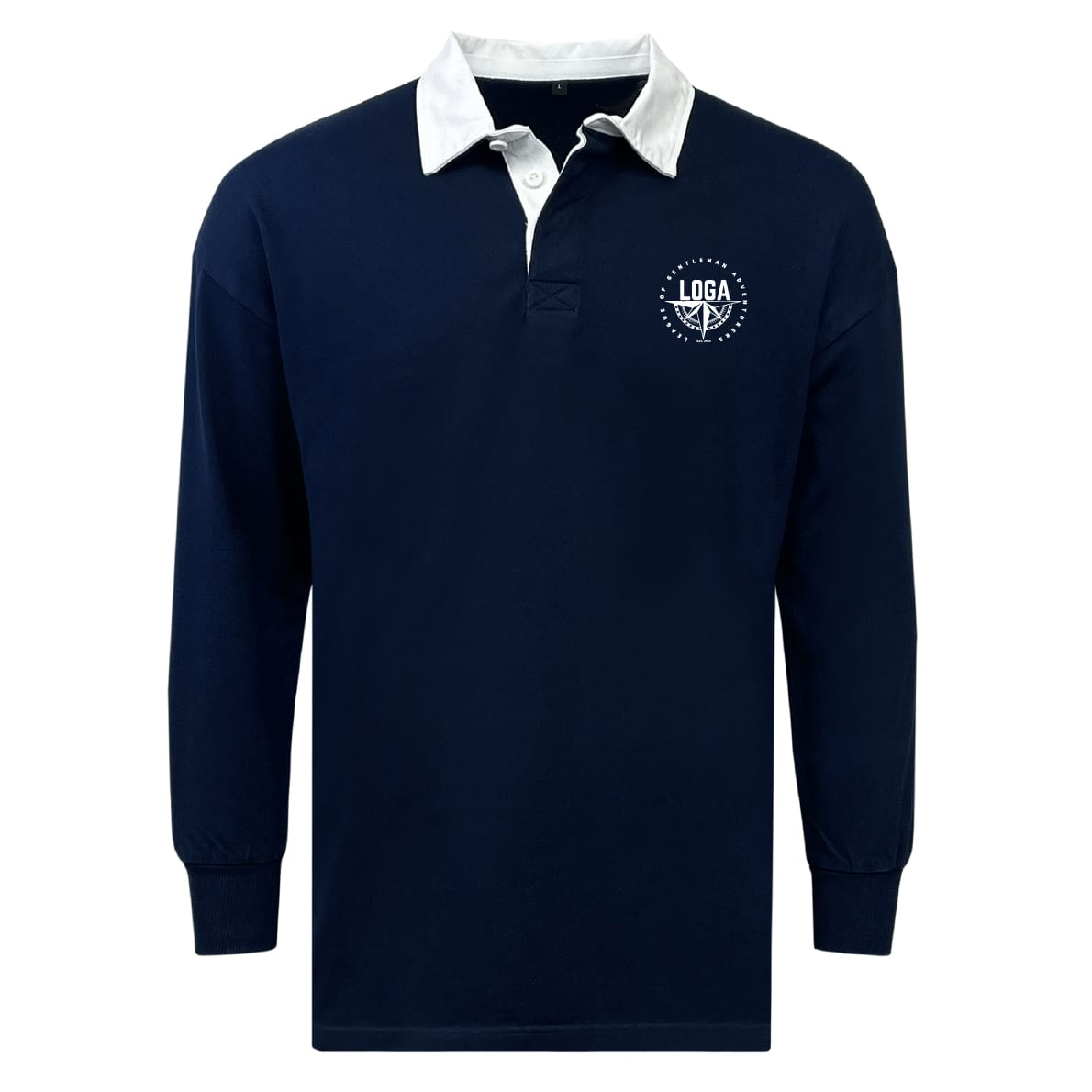 The EMB Mudoo League of Gentleman Adventurers Classic Long Sleeve Solid Rugby Jersey features a navy blue design with a white collar and small white chest logo—timeless rugger style ideal for daily wear.