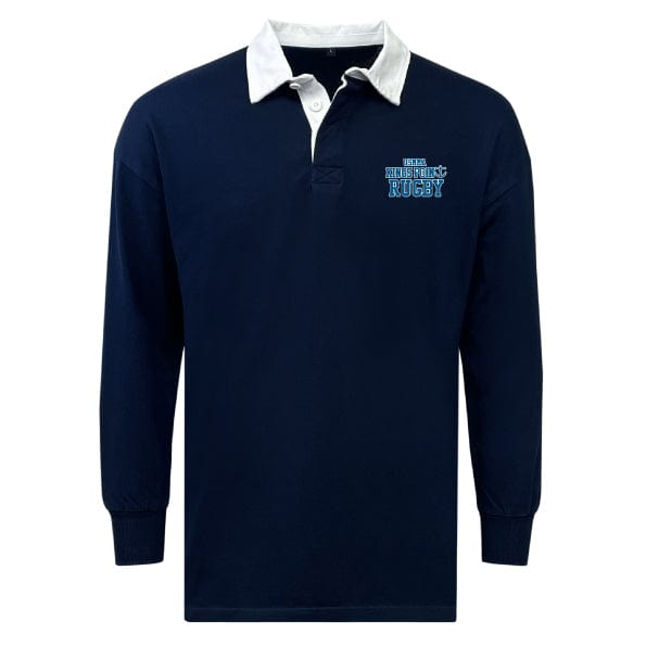 The King's Point Rugby Classic Long Sleeve Solid Rugby Jersey by EMB Mudoo is a relaxed fit navy blue shirt with a white collar and "USA Eagles Rugby" on the upper left chest, made from a comfortable cotton/poly blend.
