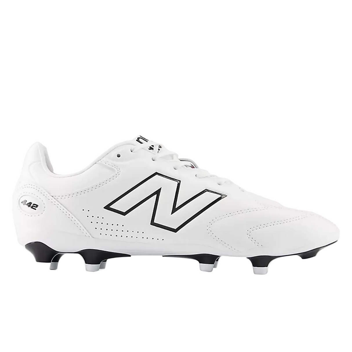The New Balance 442 Pro FG v3 soccer cleat in white/black features molded firm ground studs and a lace-up design, showcased in a side profile.