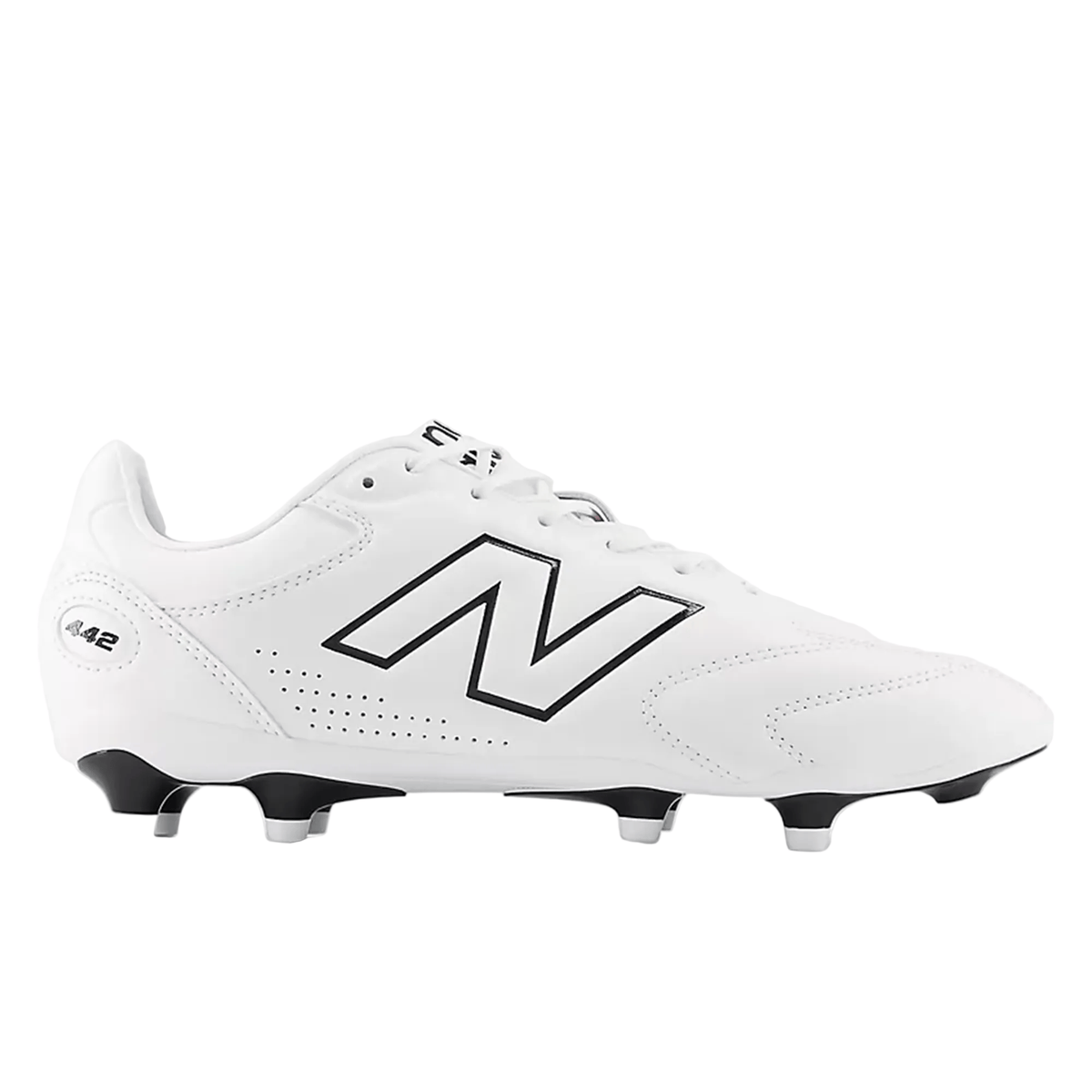 The New Balance 442 Pro FG v3 Rugby Boot in white with black accents features a prominent “N” logo, a lace-up design, and four visible studs on the outsole. With its True Touch upper, this firm ground boot delivers enhanced control and comfort on the field.