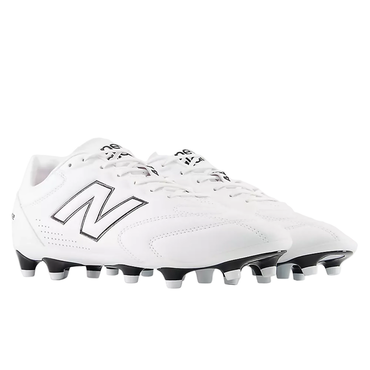 The New Balance 442 Pro FG v3 soccer cleats in white and black feature molded studs for optimal firm ground performance.
