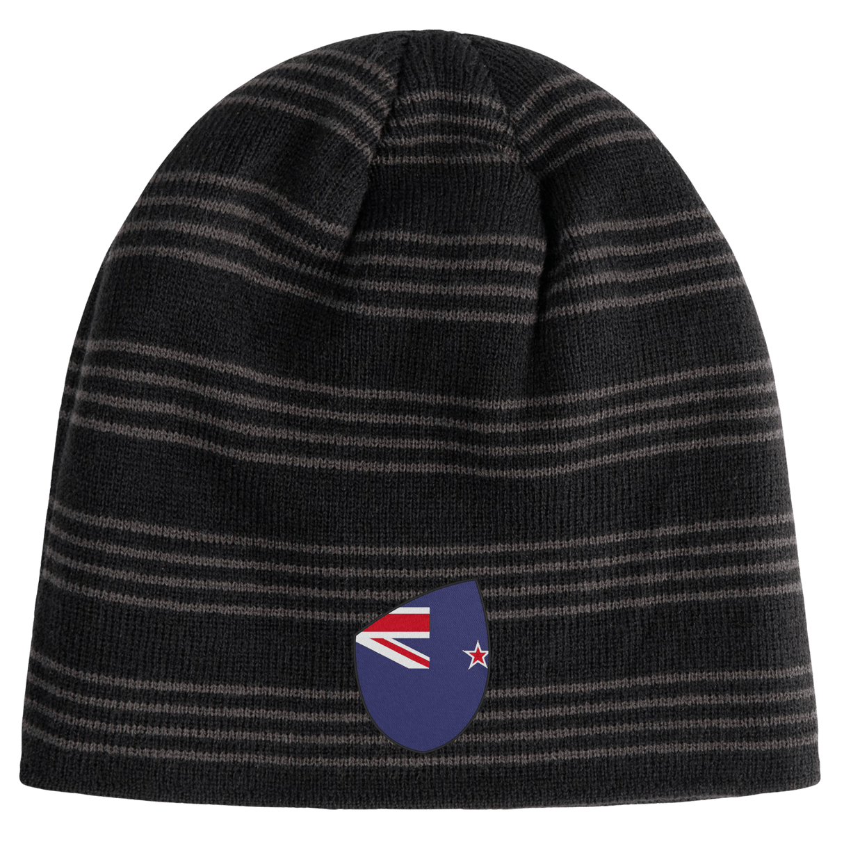 The New Zealand Shield Beanie from EMB Canterbury features black and gray stripes with a small shield displaying a stylized New Zealand flag.