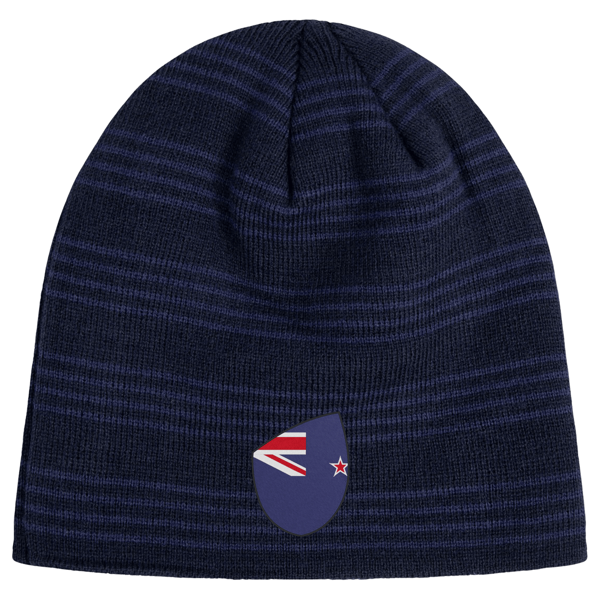 The New Zealand Shield Beanie by EMB Canterbury is a dark blue knit with subtle stripes and an emblem reminiscent of a stylized flag, featuring a red and white design on a blue background.