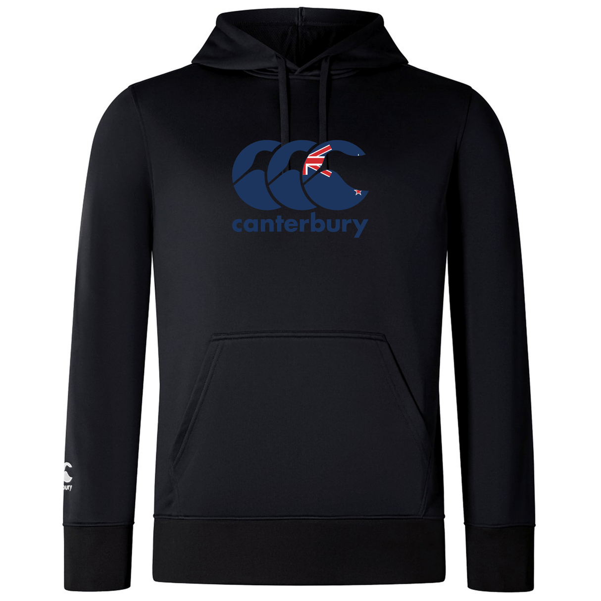 The black Canterbury New Zealand CCC Club Lightweight Hoodie by WRS Canterbury features a blue styled "Canterbury" logo with a Union Jack on the front, a kangaroo pocket, and a small white logo on the left sleeve.