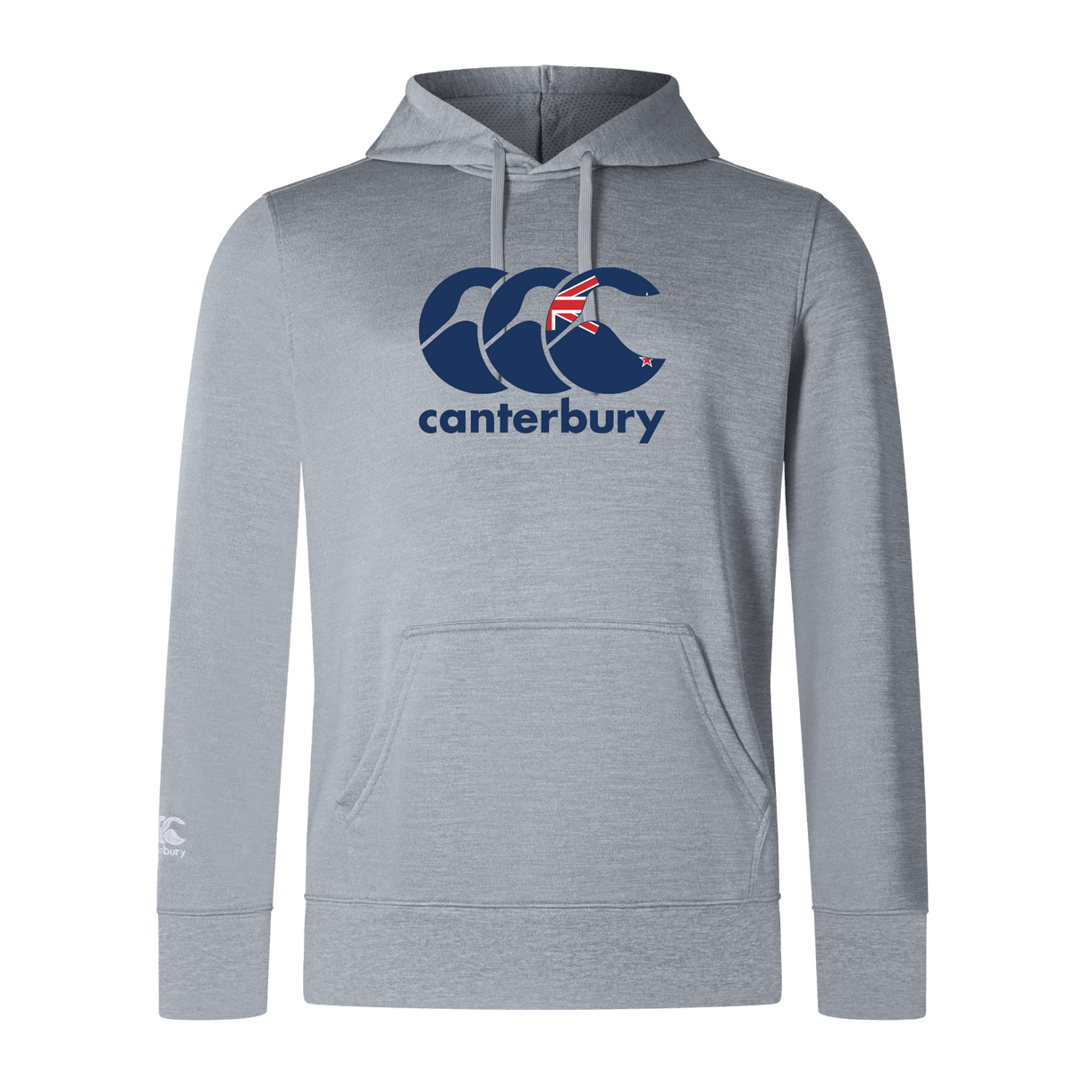 Gray Canterbury New Zealand CCC Club lightweight hoodie by WRS Canterbury, featuring a navy logo and a kangaroo pocket.
