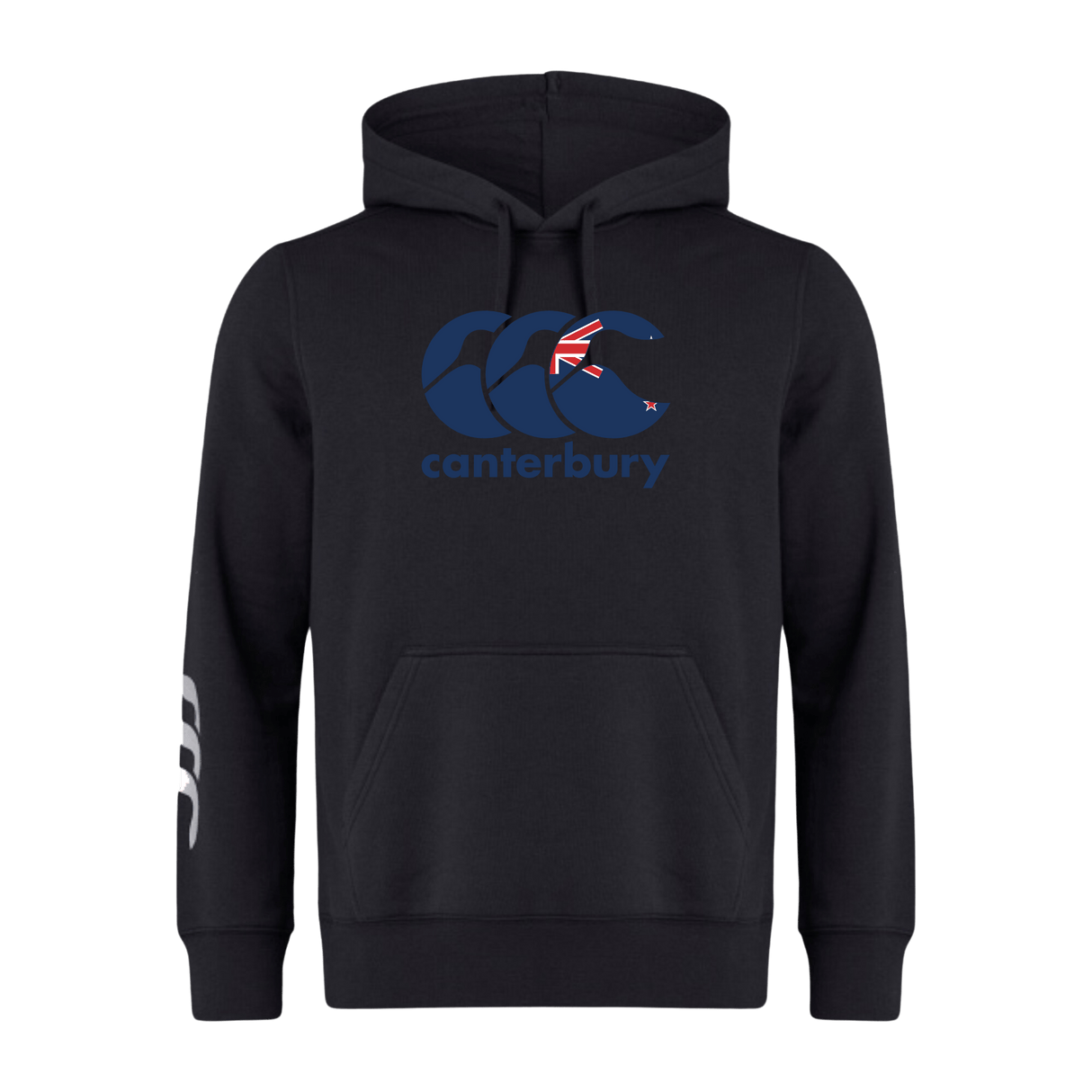 Introducing the Canterbury New Zealand CCC Flag Club Hoodie by WRS Canterbury: a sleek black hoodie with the iconic CCC logo and a small Union Jack, crafted from cozy sweatshirt fleece with three bold white stripes on the right sleeve for added style.