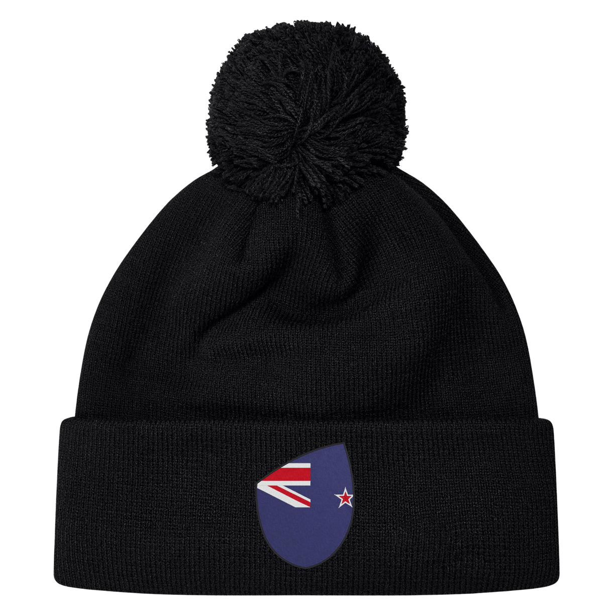 The New Zealand Shield Pom Pom Beanie by EMB Canterbury in black combines warmth with national pride, featuring a stylish badge.