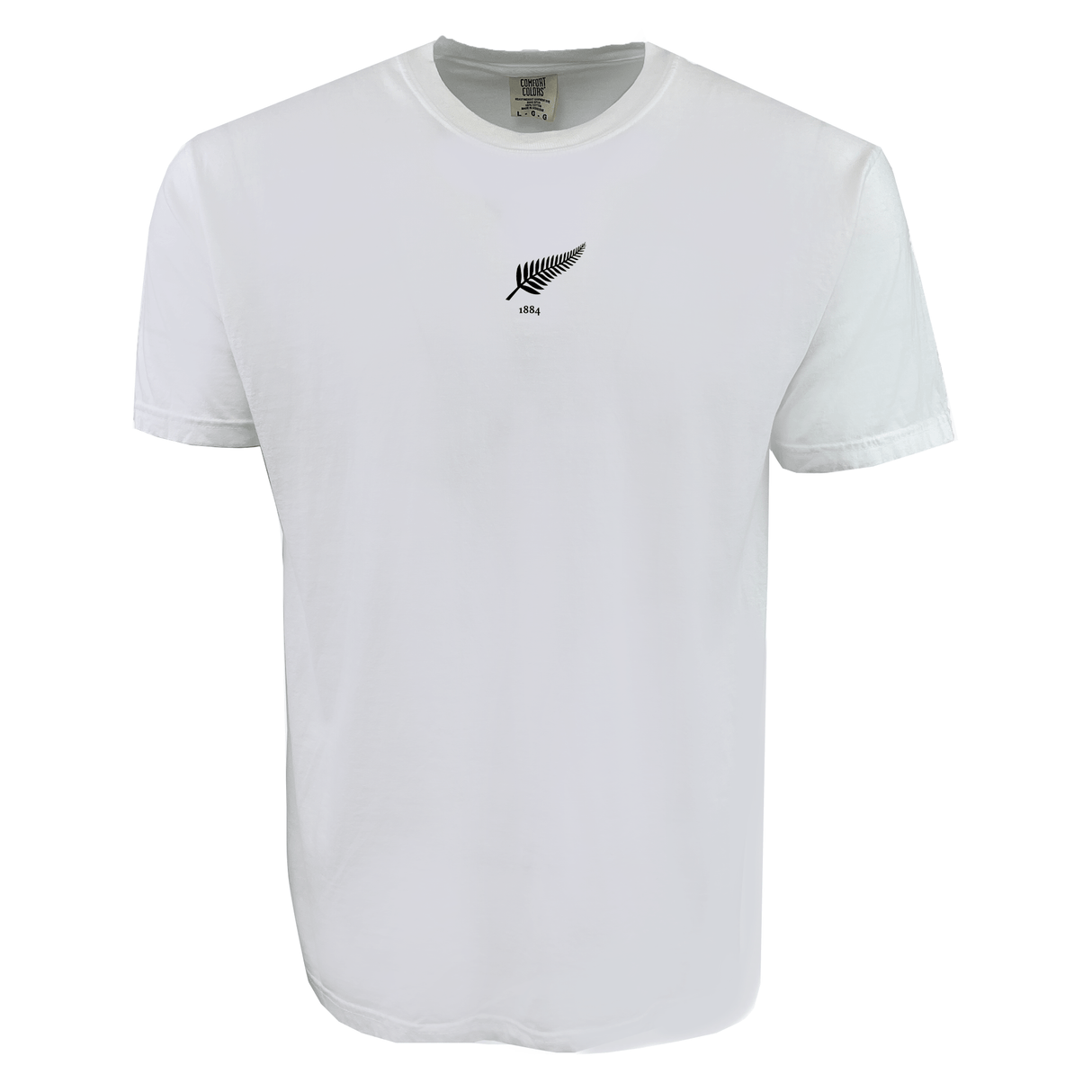 The EMB S&S Activewear New Zealand Vintage Comfort Tee is a white t-shirt with a small black fern and "USA" on the chest—a rugby-inspired nod to classic style.