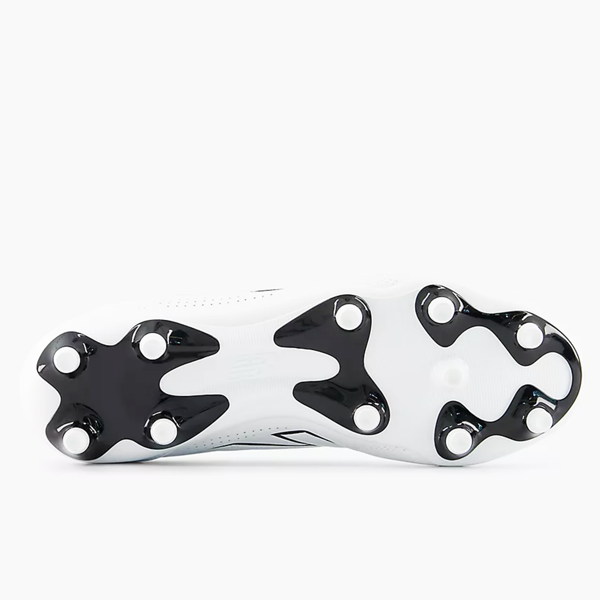 Close-up of the sole of the New Balance 442 Pro FG v3 - White/Black cleat, showing black and white studs designed for optimal traction and grip on firm ground.