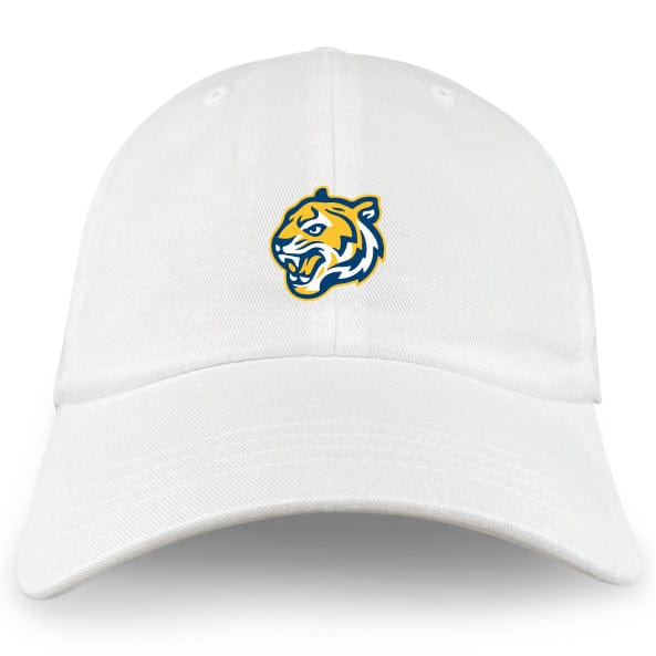 The Noble Street College Prep Adult Low-Profile Cotton Twill Dad Cap by EMB S&S Activewear is a white dad cap featuring an embroidered tiger head logo in yellow, blue, and white on the front.