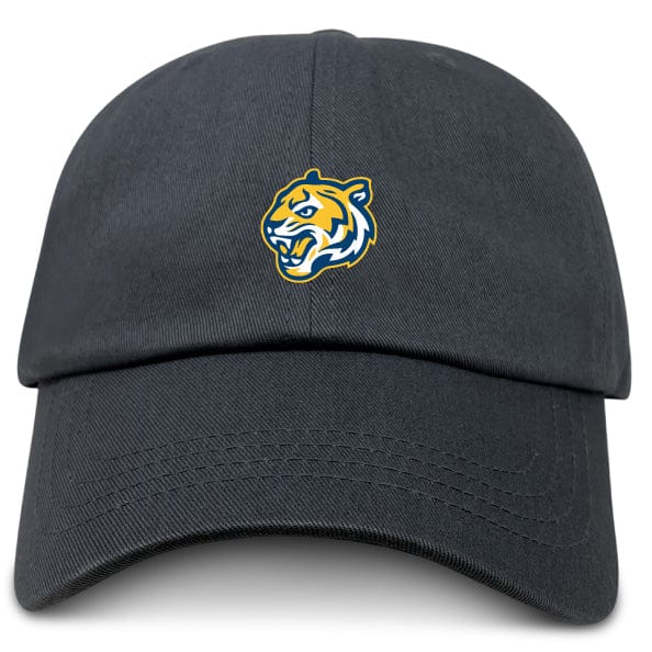 The Noble Street College Prep Adult Low-Profile Cotton Twill Dad Cap by EMB S&S Activewear is a black cap with an embroidered tiger head logo in yellow, blue, and white on the front center.