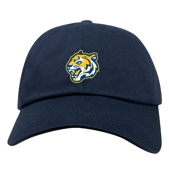 The EMB S&S Activewear Noble Street College Prep Adult Low-Profile Cotton Twill Dad Cap is a navy blue hat featuring a yellow and white embroidered tiger head logo on the front.