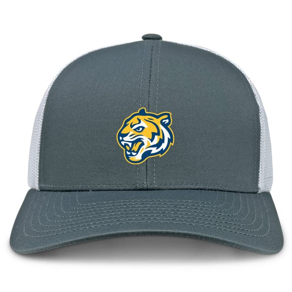 The Noble Street College Prep Retro Trucker Cap by EMB S&S Activewear features gray and white panels, an embroidered yellow and blue tiger head logo on the front, and a classic snapback closure.
