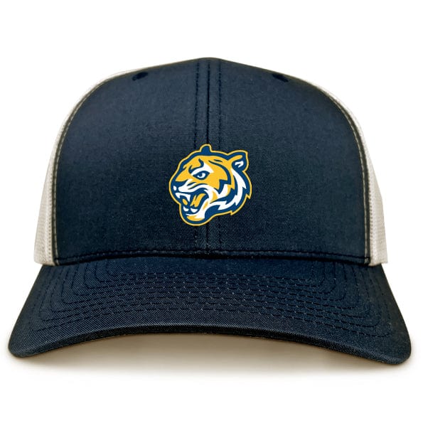 The EMB S&S Activewear Noble Street College Prep Retro Trucker Cap is a navy and white trucker hat with a yellow and blue embroidered tiger head logo on the front and a classic snapback closure.
