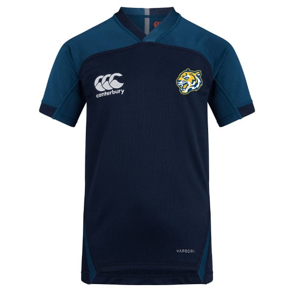 The Noble Street College Prep Vapodri Evader Jersey by EMB Canterbury is navy blue with dark blue sleeves, featuring a tiger logo and the Canterbury brand on the chest, complete with VapoDri finish for excellent moisture-wicking.