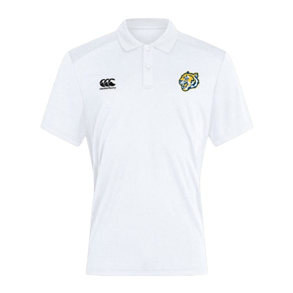 Experience ultimate comfort with the Noble Street College Prep Club Dry Polo by EMB Canterbury. This white collared polo features breathable fabric, Vapodri Technology, and embroidered logos—a tiger head on the right and the Canterbury logo on the left—offering both style and performance.