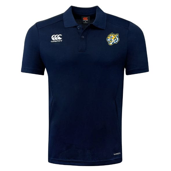 The navy blue Noble Street College Prep Club Dry Polo by EMB Canterbury showcases a tiger logo on the chest, Canterbury branding on the right side, and features Vapodri Technology for enhanced breathability.