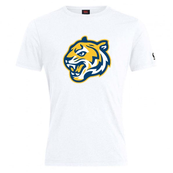 Introducing the Noble Street College Prep Club Plain Tee by WRS Canterbury, a cotton-heavy white t-shirt featuring a stylized tiger head logo in yellow and blue on the front.