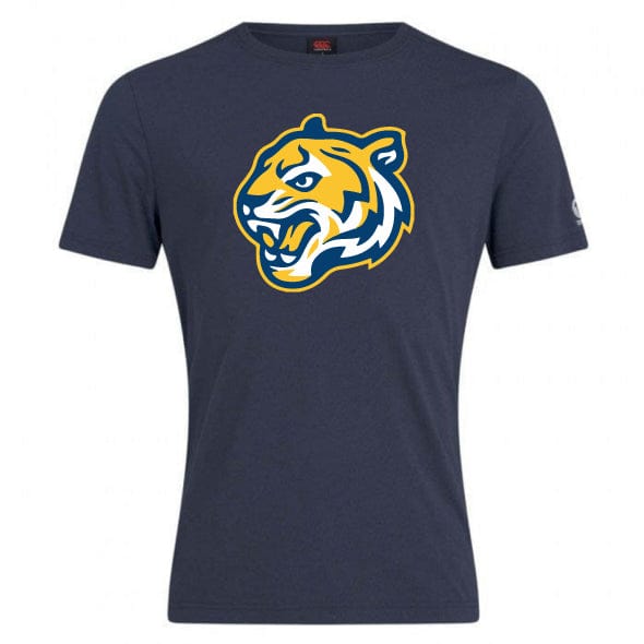 The Noble Street College Prep Club Plain Tee by WRS Canterbury is a navy blue T-shirt made from a cotton-heavy blend, featuring a stylized yellow and white tiger head logo in the center.