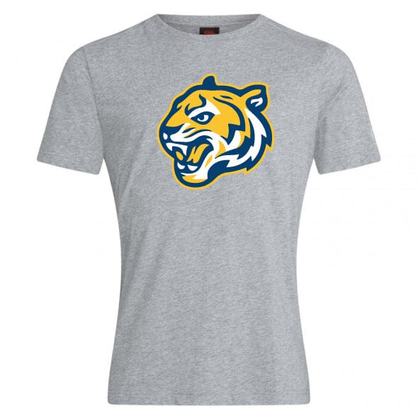 The Noble Street College Prep Club Plain Tee by WRS Canterbury is a customizable gray T-shirt featuring a stylized tiger head logo in yellow and blue, crafted from a cotton-heavy blend for ultimate comfort.