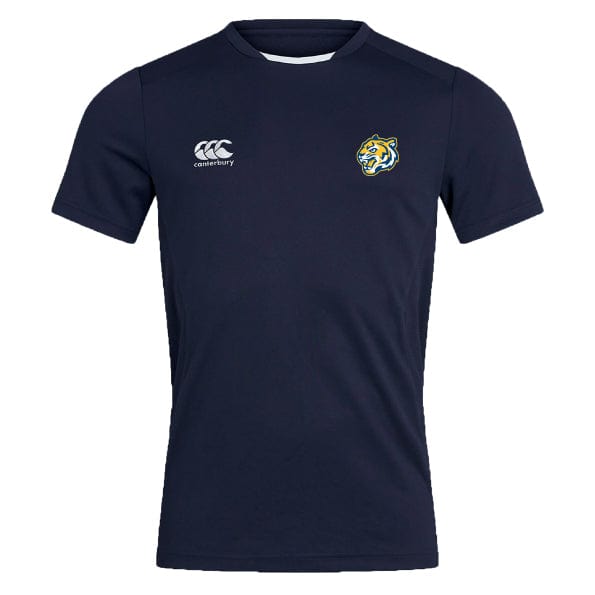 The Noble Street College Prep Club Dry Tee by EMB Canterbury is a navy blue sports jersey with CCC branding, featuring a Canterbury logo on the left chest and a tiger emblem on the right. Designed with Vapodri Technology for breathability.