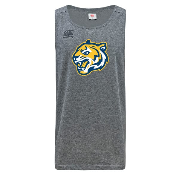 The Noble Street College Prep Tempo Vapodri Singlet by WRS Canterbury is a gray performance top, showcasing a roaring tiger logo. Crafted from recycled polyester with the Canterbury brand logo near the shoulder, it uses VapoDri technology for comfort during intense workouts.