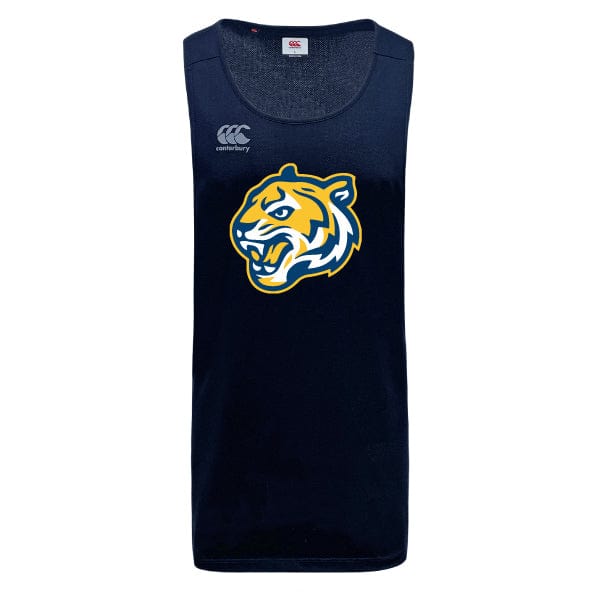 The Noble Street College Prep Tempo Vapodri Singlet by WRS Canterbury is a navy blue tank top made from recycled polyester, featuring a tiger mascot logo on the front with the Canterbury branding and logo above it.