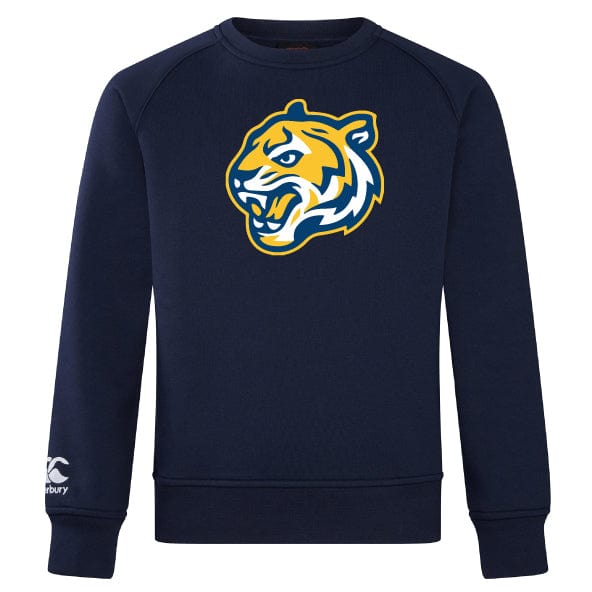 The Noble Street College Prep Club Crew Sweatshirt by WRS Canterbury is an ultra soft navy blue sweatshirt featuring a stylized tiger graphic on the front and the CCC logo on the sleeve.