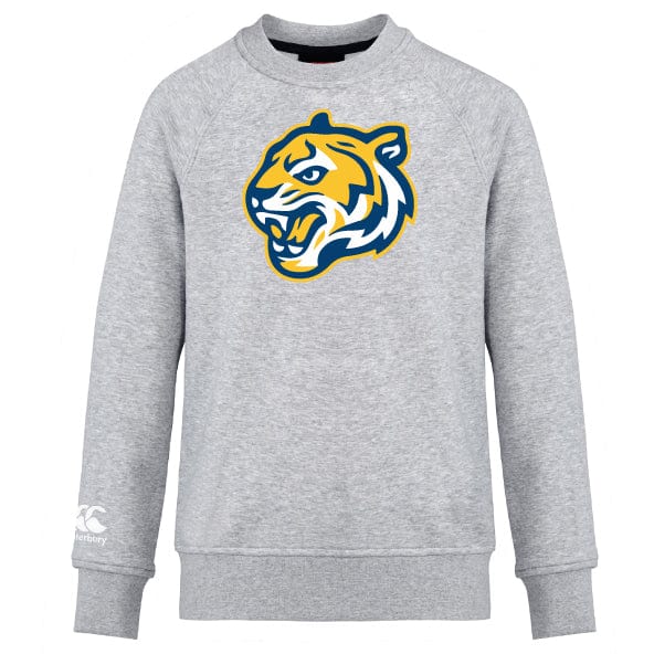 The Noble Street College Prep Club Crew Sweatshirt by WRS Canterbury is an ultra-soft gray sweatshirt featuring a stylized tiger face logo on the front and an embroidered CCC logo, capturing the essence of the Canterbury brand.