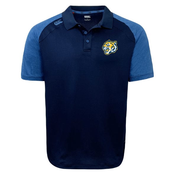 Crafted with Vapodri fabrics, the EMB Canterbury Noble Street College Prep Elite Polo features a navy blue body, light blue sleeves, a tiger logo on the chest, and a small manufacturer's logo on the shoulder. This lightweight and durable shirt is perfect for any occasion.