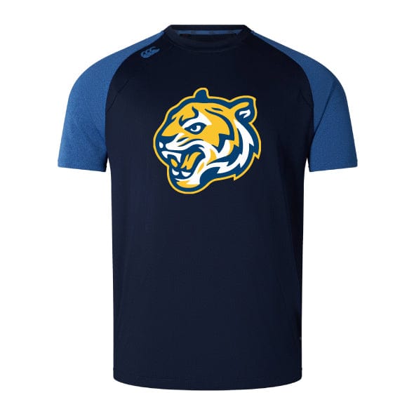 The Noble Street College Prep Elite Training Tee by WRS Canterbury blends navy and blue with a bold yellow and white tiger logo. Made from durable Vapodri fabric, it offers lightweight comfort and performance.