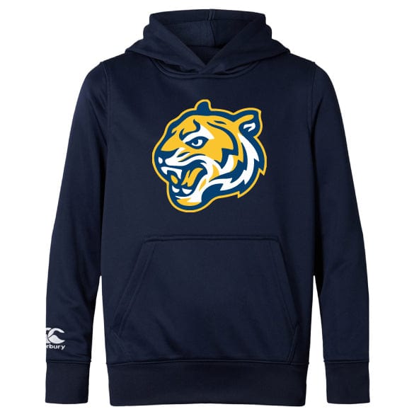 The Noble Street College Prep Club Lightweight Hoodie by WRS Canterbury is a dark blue hoodie with a large yellow and white snarling tiger logo on the front, featuring a "CC" Canterbury logo on the left sleeve and a kangaroo pocket.