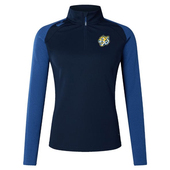 The Noble Street College Prep Women's Elite First Layer by EMB Canterbury is a navy and blue long-sleeve athletic pullover with a half-zip design, VapoDri technology, and a striking tiger logo on the chest.